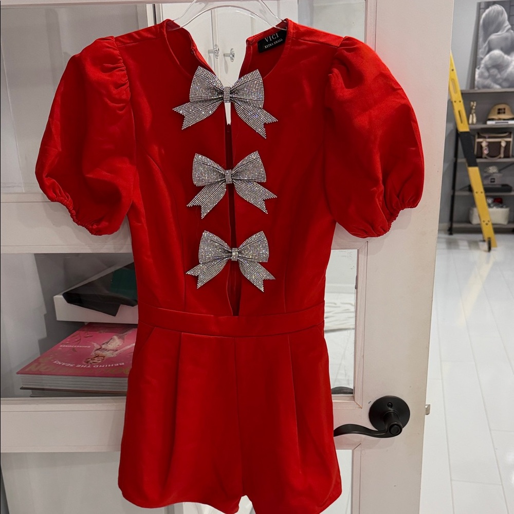 Vici Red Jumpsuit with Silver Bows